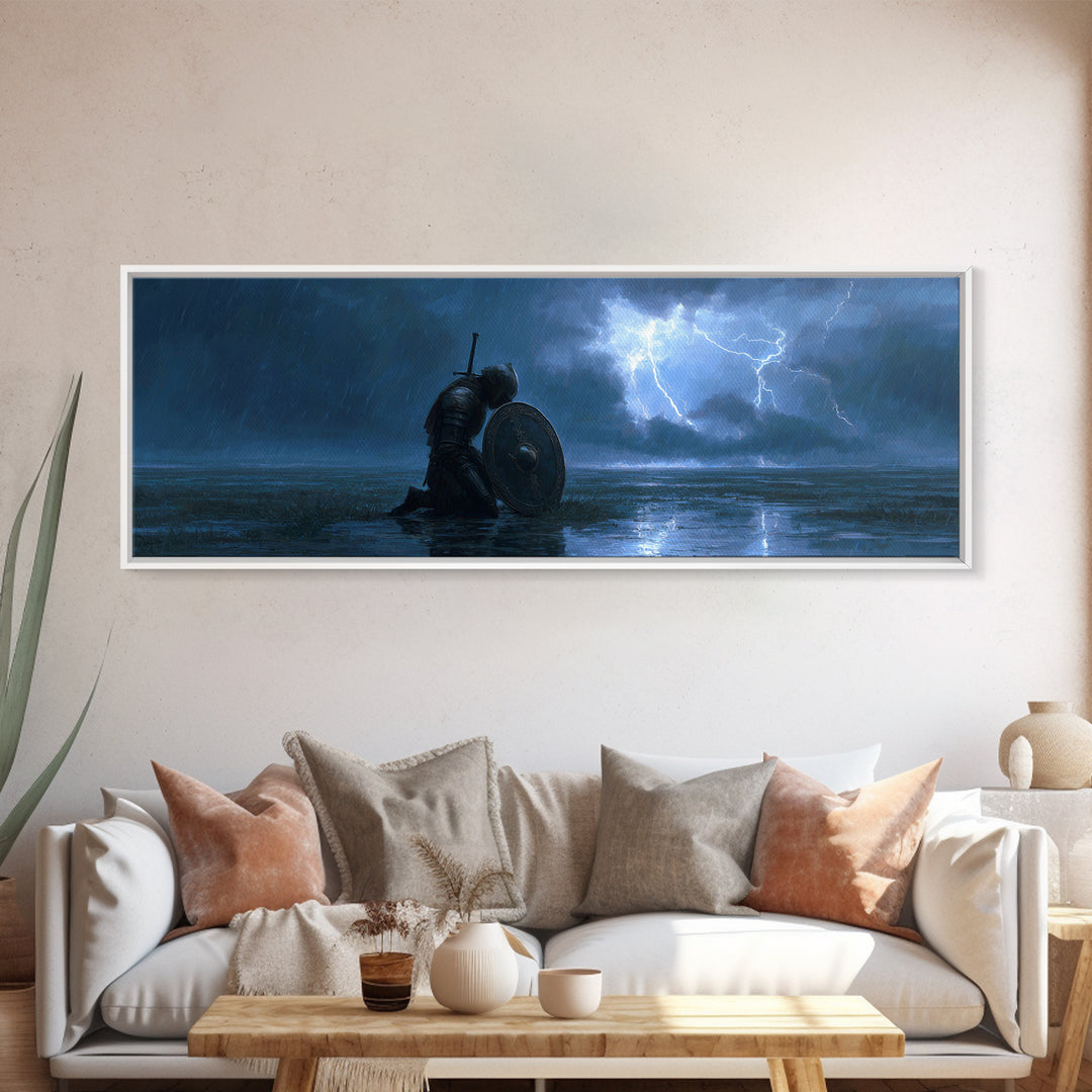 Medieval Knight Kneeling In Rain With Shield Lighting Stormy Sky - Canvas Print, Wall Art For Living Room, Office Decor, Gift For Him