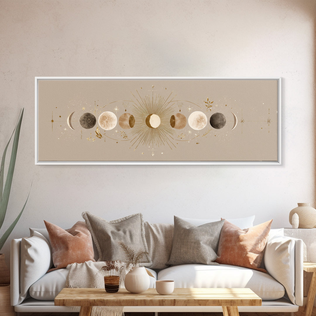 Moon Phases Celestial Wall Art, Gold Sun And Lunar Canvas Print, Neutral Boho Bedroom Decor, Mystical Above Bed Art Print