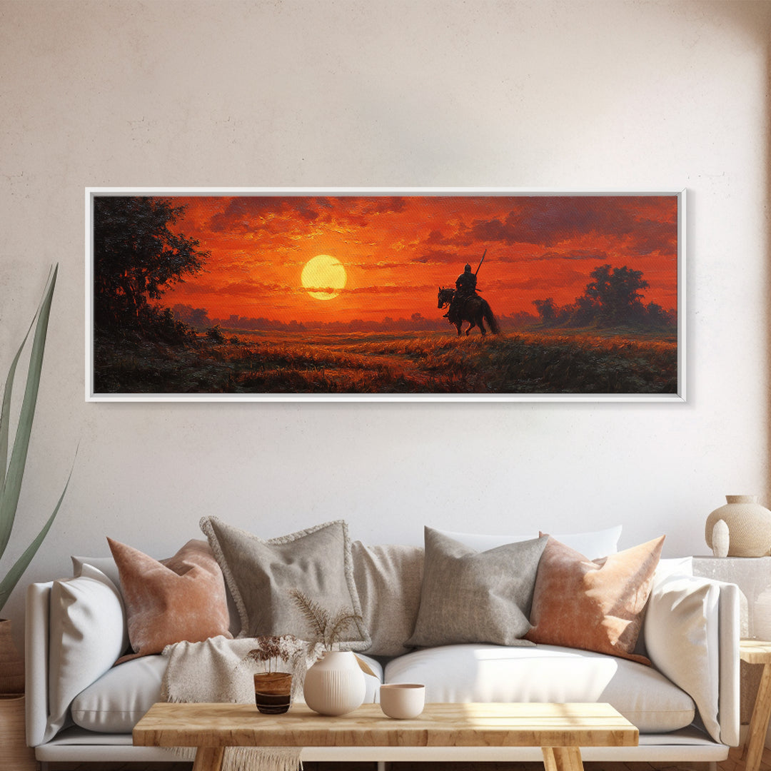 Sunset Scene Painting Of Knight On Horseback In Golden Field Stunning Orange Sky Wall Art