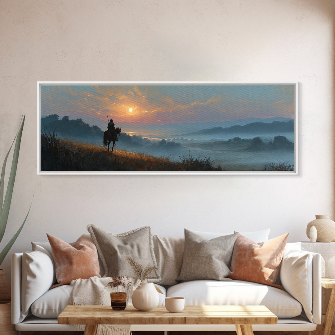 Knight On Horseback Overlooking Serene Valley At Sunset Landscape Wall Art Canvas Print For Calming Decor