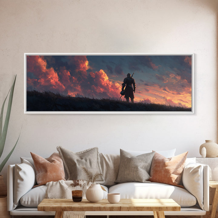 Medieval Knight Standing Against Dramatic Sunset Sky - Inspirational Wall Art Canvas Print For Bedroom And Office Decor