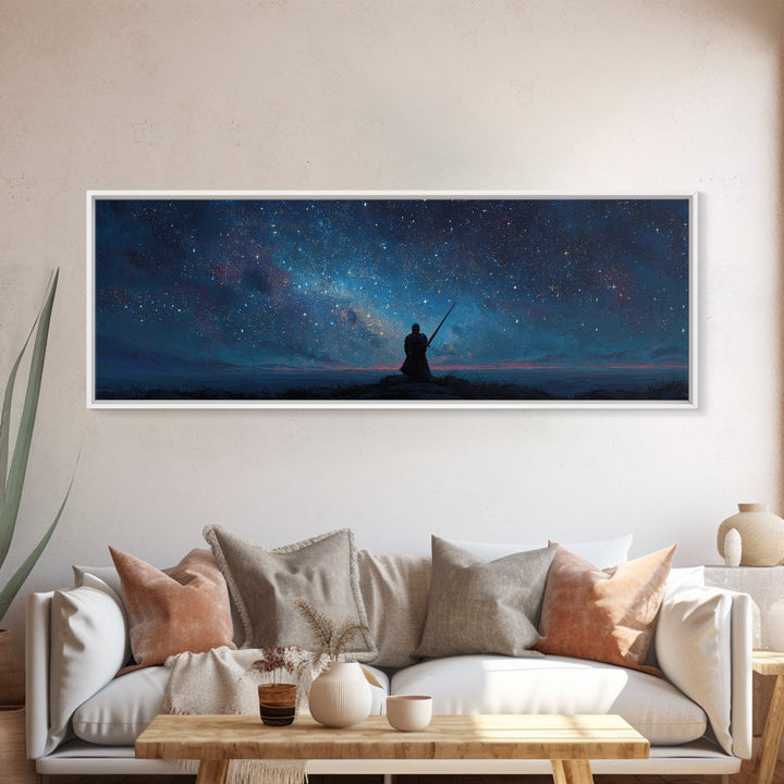 Magical Knight In Armor Under Starry Sky Night Landscape Wall Art Framed Canvas Print For Fantasy Decor