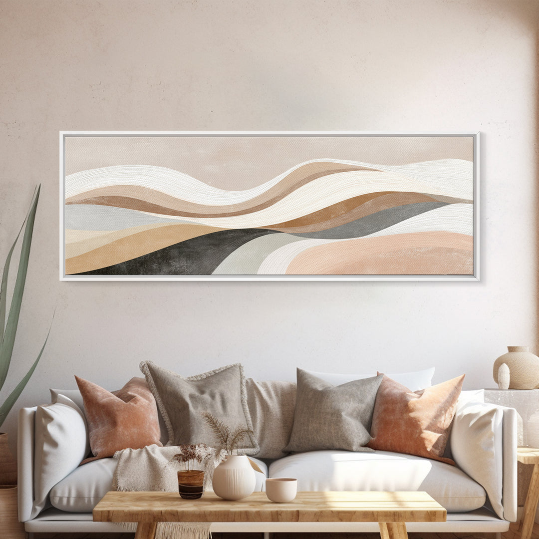 Layered Neutral Abstract Wall Art, Wavy Beige Canvas Print, Mid Century Modern Living Room Decor, Long Horizontal Art Print