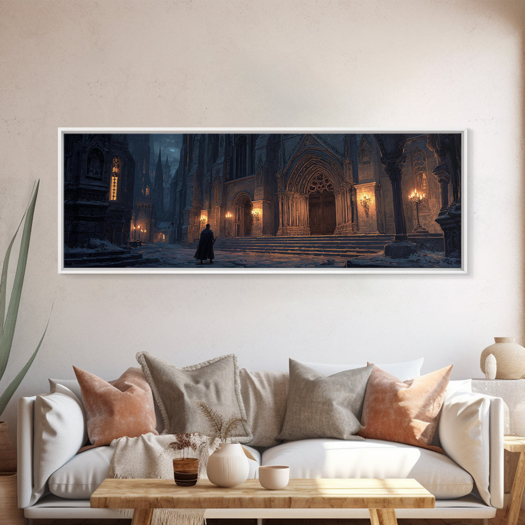 Dark Gothic Cathedral In Snow Framed Canvas Print, Moody Wall Art, Medieval Architecture Decor, Fantasy Cityscape Art Print