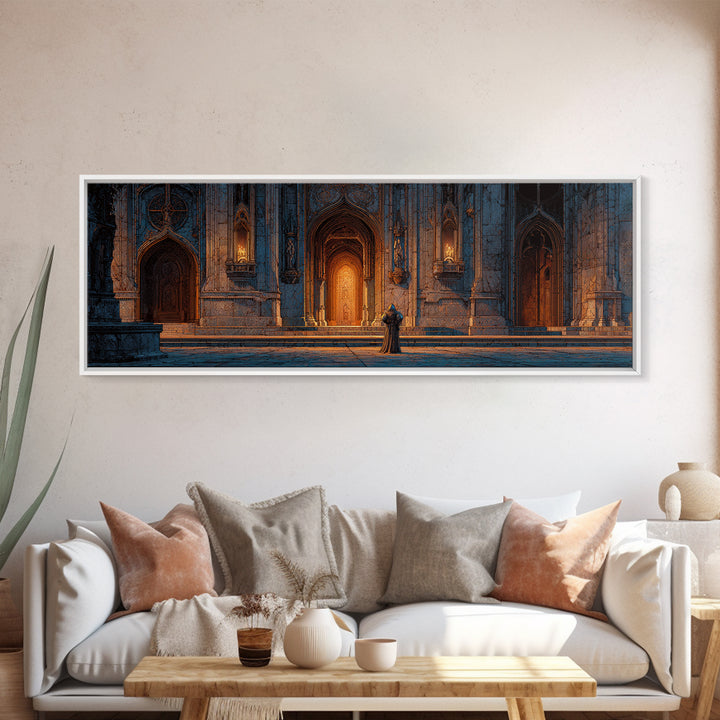 Medieval Knight Standing Before Illuminated Gothic Cathedral Entrance Wall Art Framed Canvas Print