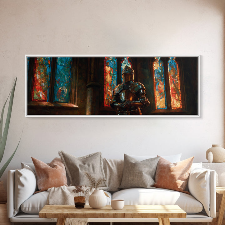 Praying Knight In Gleaming Armor Amid Stained Glass Windows Framed Canvas Print Medieval Religious Wall Art