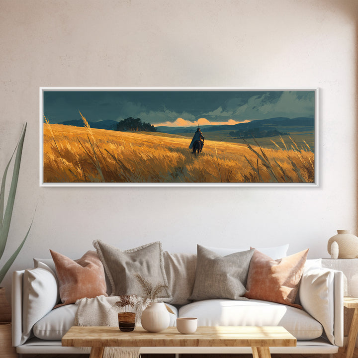 Solitary Knight Riding Through A Vast Golden Wheat Field At Sunset Landscape Canvas Print For Rustic Home Decor