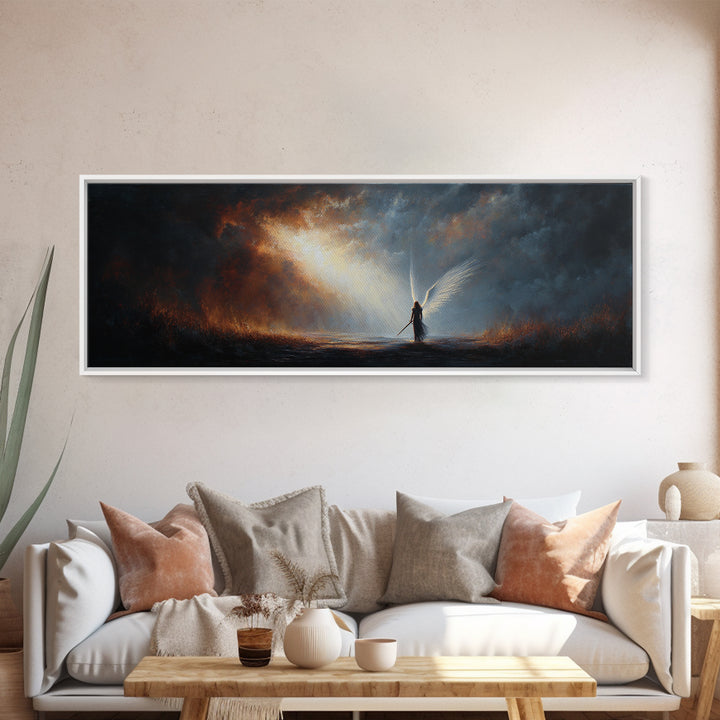 Vibrant Sunset Over Battlefield With Knight and Fallen Warriors Canvas Print Dramatic Medieval Wall Art For Home and Office Decor