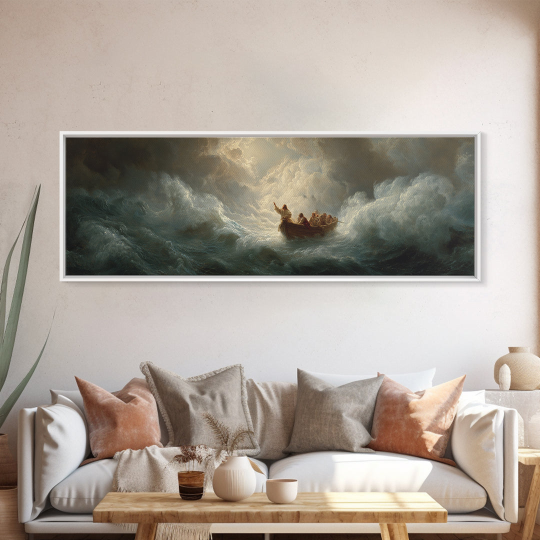Tiny Boat In Stormy Ocean Waves Wall Art, Dramatic Seascape Painting, Biblical Sea Canvas Print, Moody Coastal Decor Gift