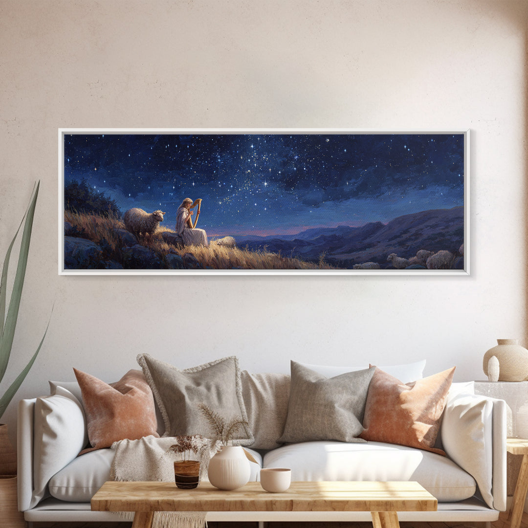 Serene Nighttime Scene of Woman Playing Harp Among Sheep Under Starry Sky Magical Landscape Wall Art Canvas Print