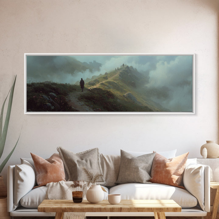 Epic Fantasy Landscape With Knight On Foggy Mountain Path Wall Art Framed Canvas Print For Bedroom Decor