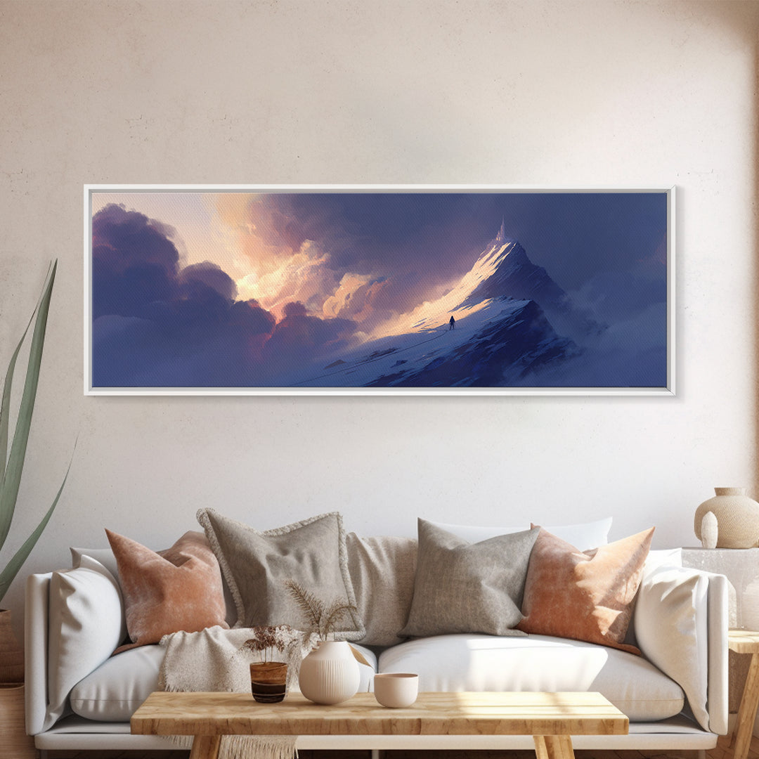 Epic Mountain Summit Climber Under Dramatic Sky Digital Painting Wall Art Framed Canvas Print For Adventure Home Decor