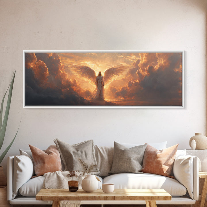 Majestic Angel Figure Surrounded By Glowing Clouds Inspirational Religious Wall Art Canvas Print For Spiritual Home Decor