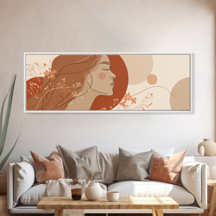 Boho Woman Profile Floral Wall Art, Terracotta Sun Canvas Print, Feminine Abstract Portrait, Modern Bedroom Decor, Gift For Her