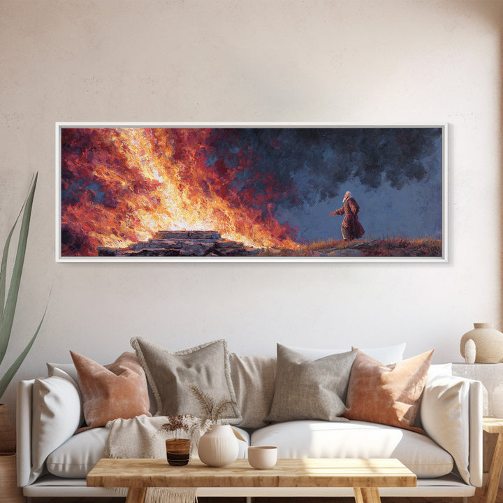 Biblical Scene Of Fiery Altar With Aged Man In Robe Religious Wall Art Framed Canvas Print For Home Decor