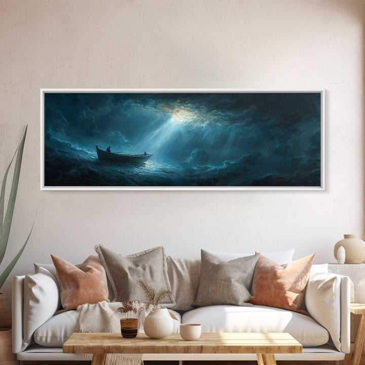 Stormy Seascape With Lone Boat Piercing Light Rays Through Clouds Canvas Print Large Wall Art Home Decor