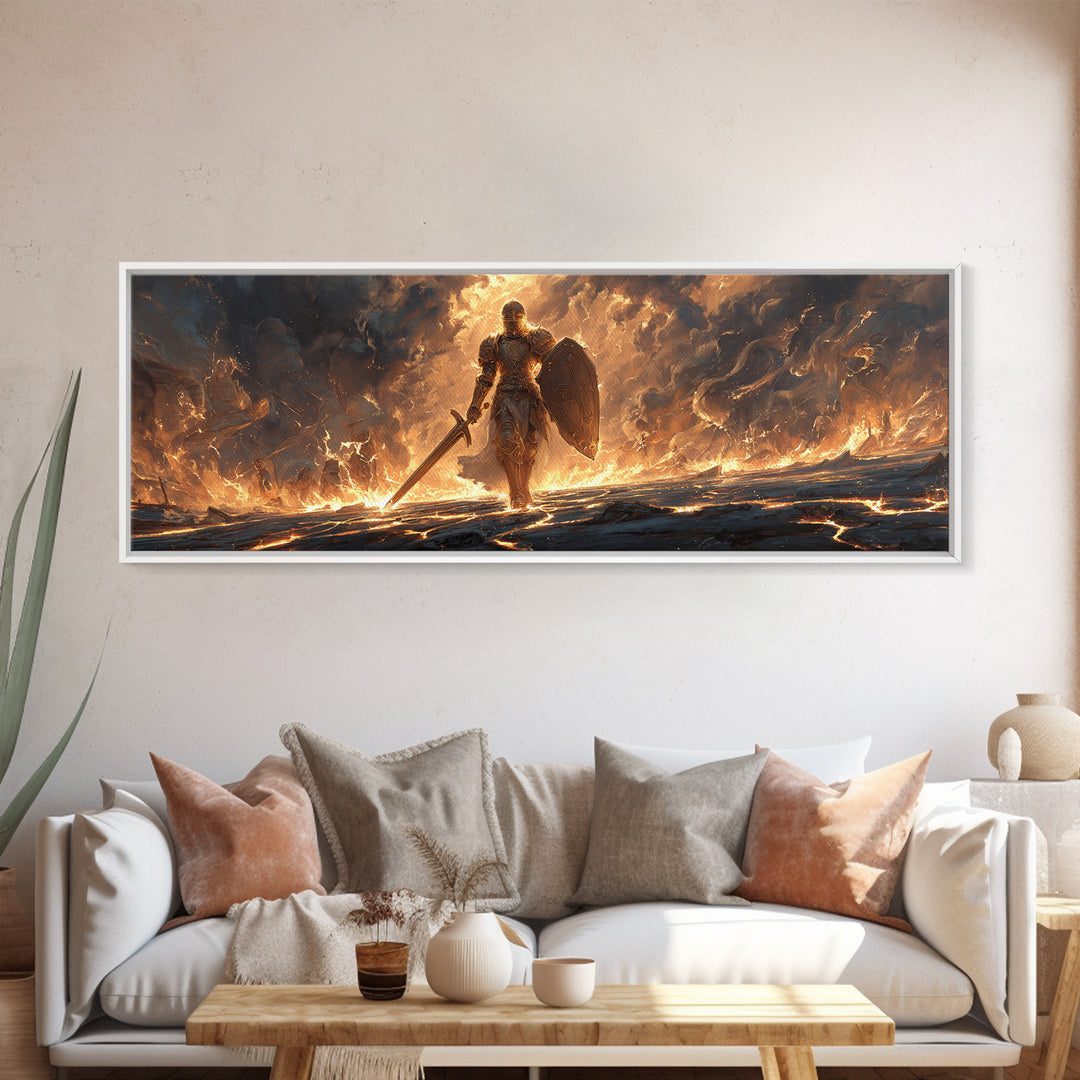 Mighty Armored Knight Walking Through Fiery Battlefield With Sword And Shield Canvas Print Medieval Fantasy Wall Art For Home Decor