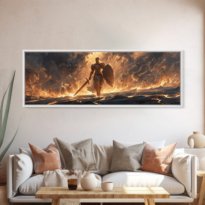 Mighty Armored Knight Walking Through Fiery Battlefield With Sword And Shield Canvas Print Medieval Fantasy Wall Art For Home Decor