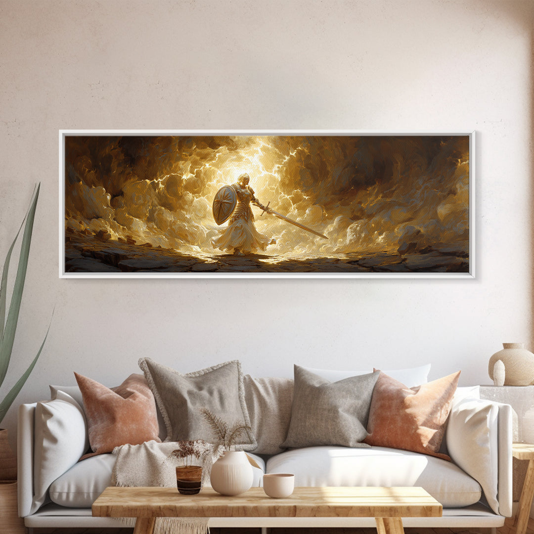 Radiant Angel Warrior With Sword Canvas Print, Christian Fantasy Wall Art, Spiritual Decor, Inspirational Gift For Him, Modern Home Decor