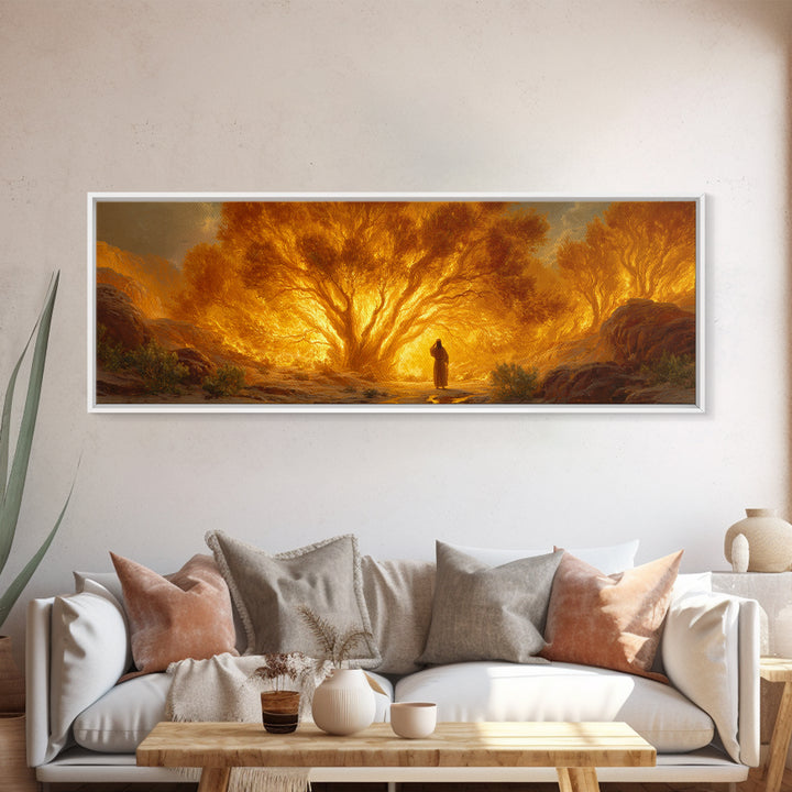 Dramatic Burning Tree With Spiritual Figure Walking Through Fiery Forest Original Art Canvas Print For Inspirational Wall Art Decor
