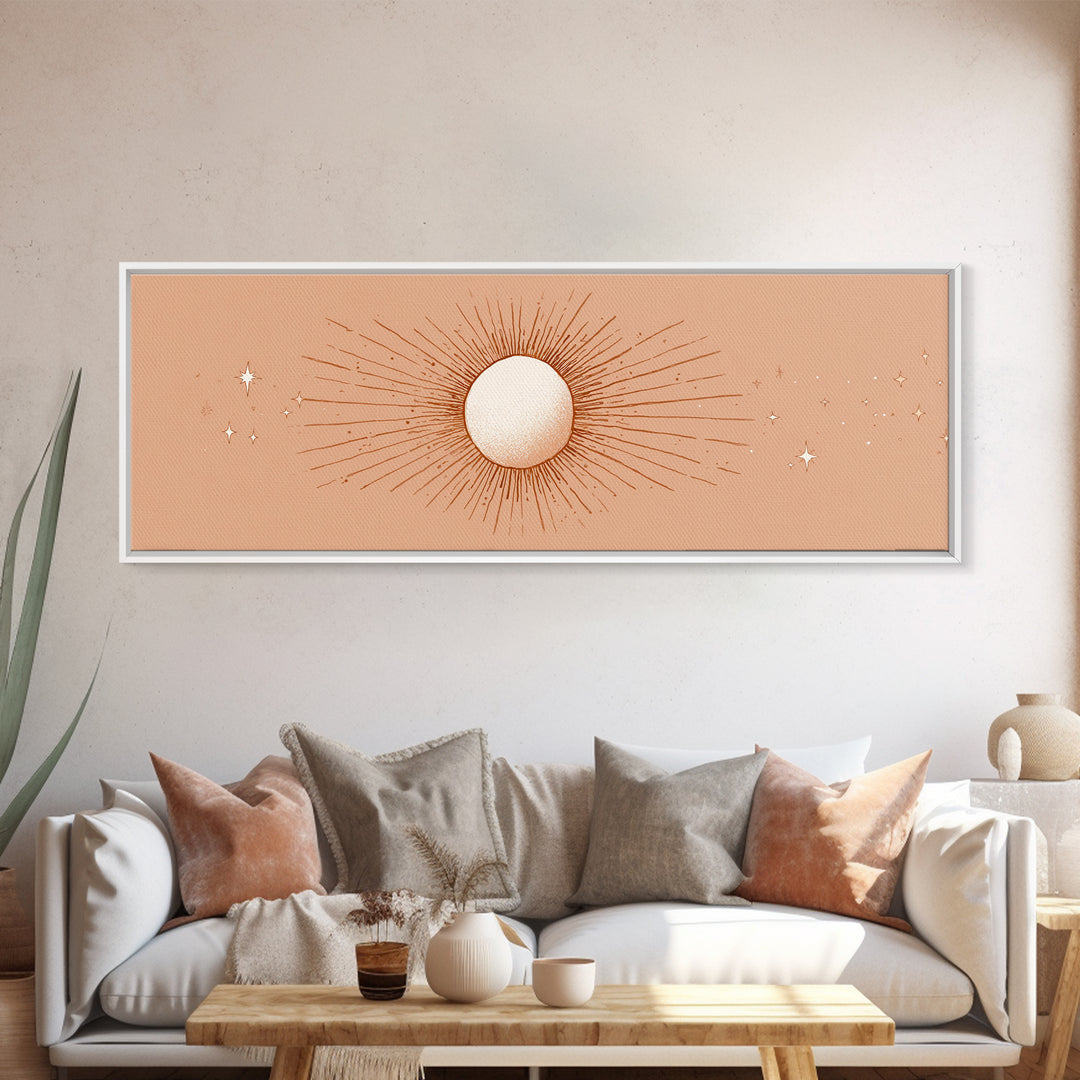 Radiant Sun Celestial Wall Art, Peach Minimalist Canvas Print, Boho Sun And Moon Decor, Spiritual Bedroom Wall Decor Print