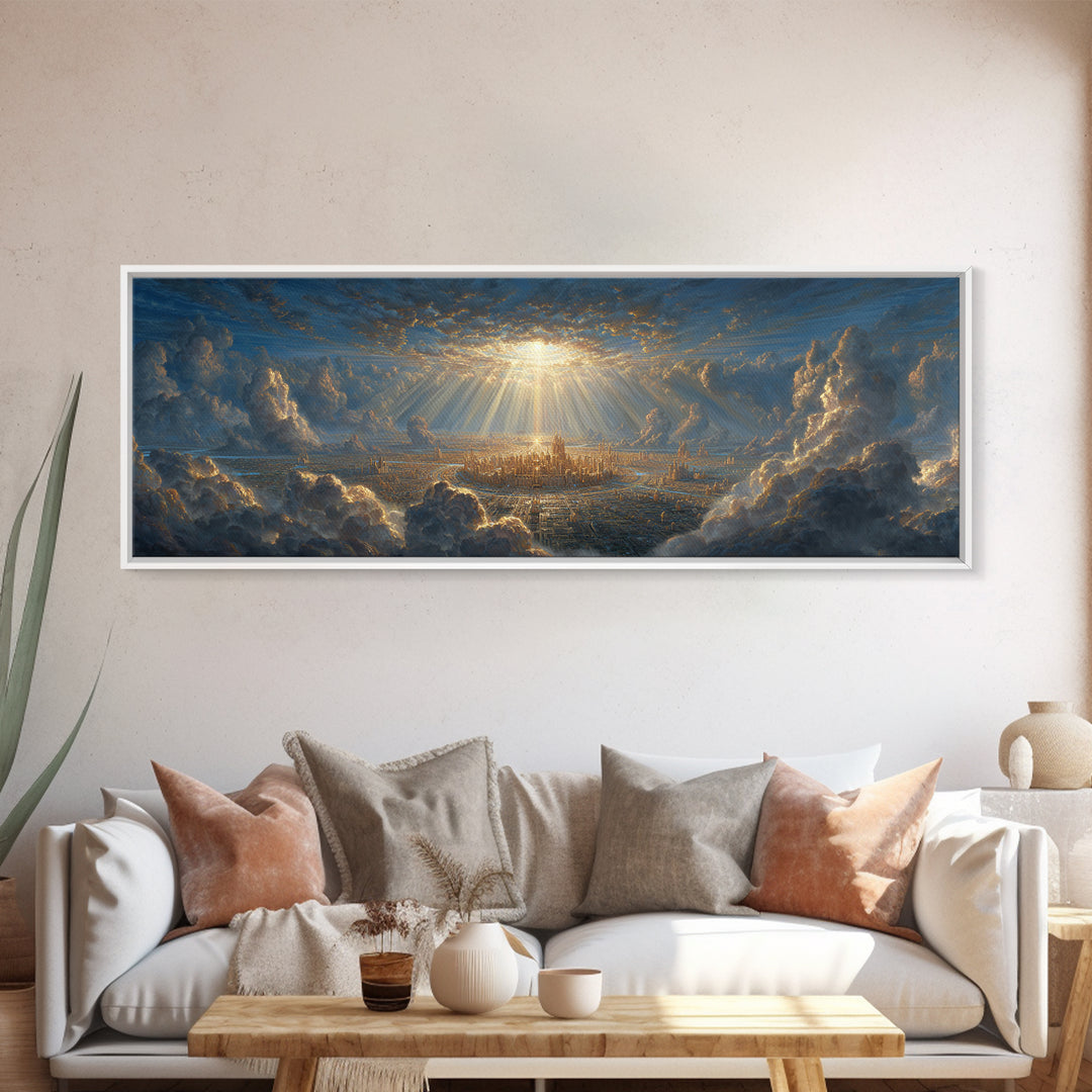 Sunlit Fantasy City Amidst Dramatic Clouds Wall Art Framed Canvas Print For Modern Home Decor And Fantasy Art Collectors Gift