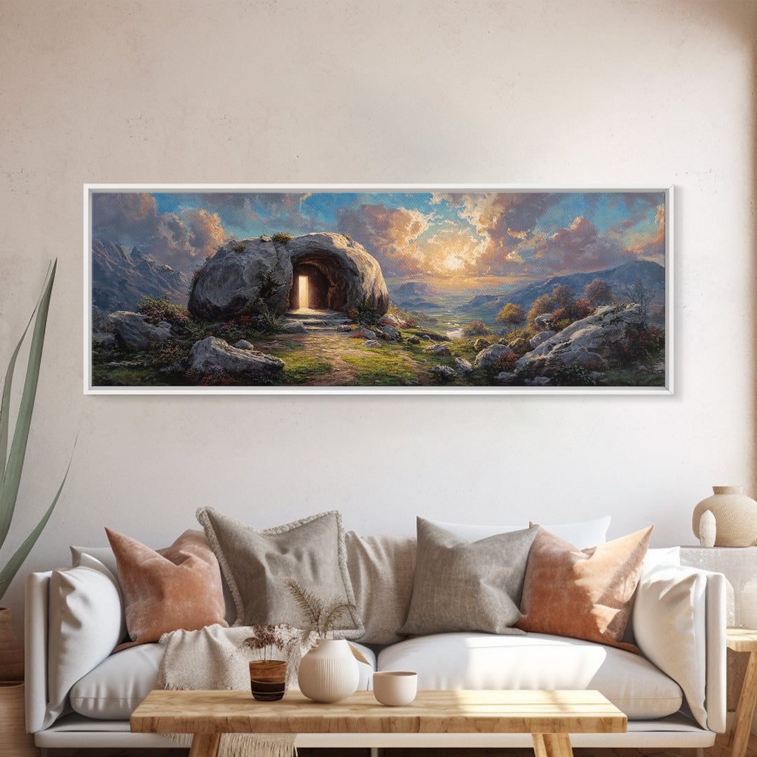 Luminous Entrance To Rocky Cave At Sunset Landscape Wall Art Framed Canvas Print For Home Decor