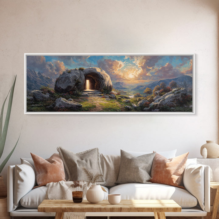 Luminous Entrance To Rocky Cave At Sunset Landscape Wall Art Framed Canvas Print For Home Decor