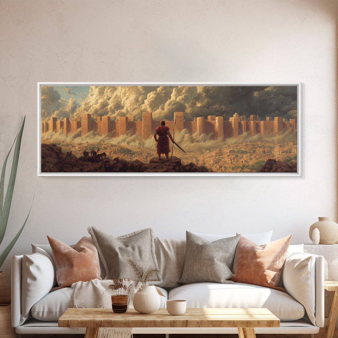 Epic Ancient Siege Scene With Warrior Overlooking Burning City - Dramatic Wall Art Canvas Print For Home Office And Living Room Decor