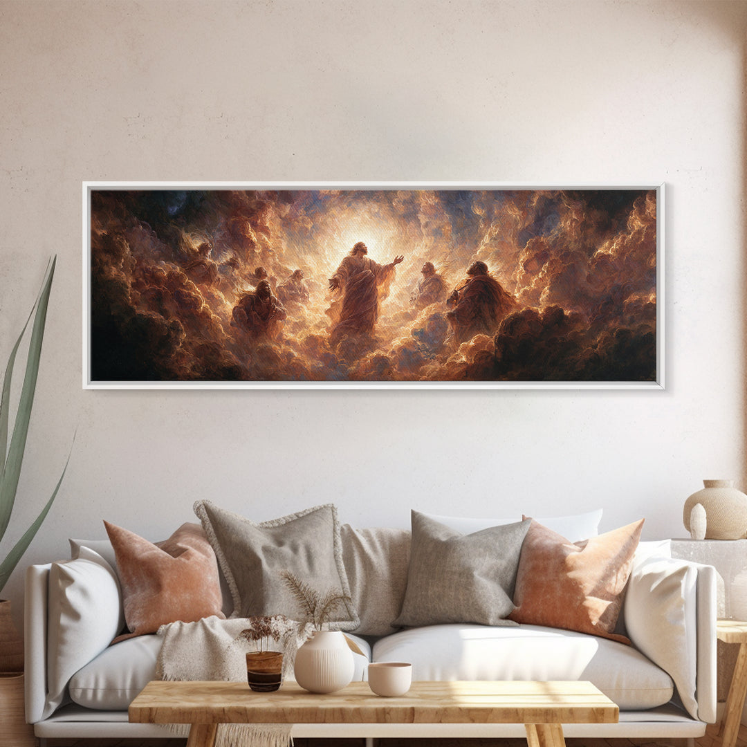 Radiant Ascension Of Christ Surrounded By Disciples Religious Wall Art Framed Canvas Print Spiritual Home Decor