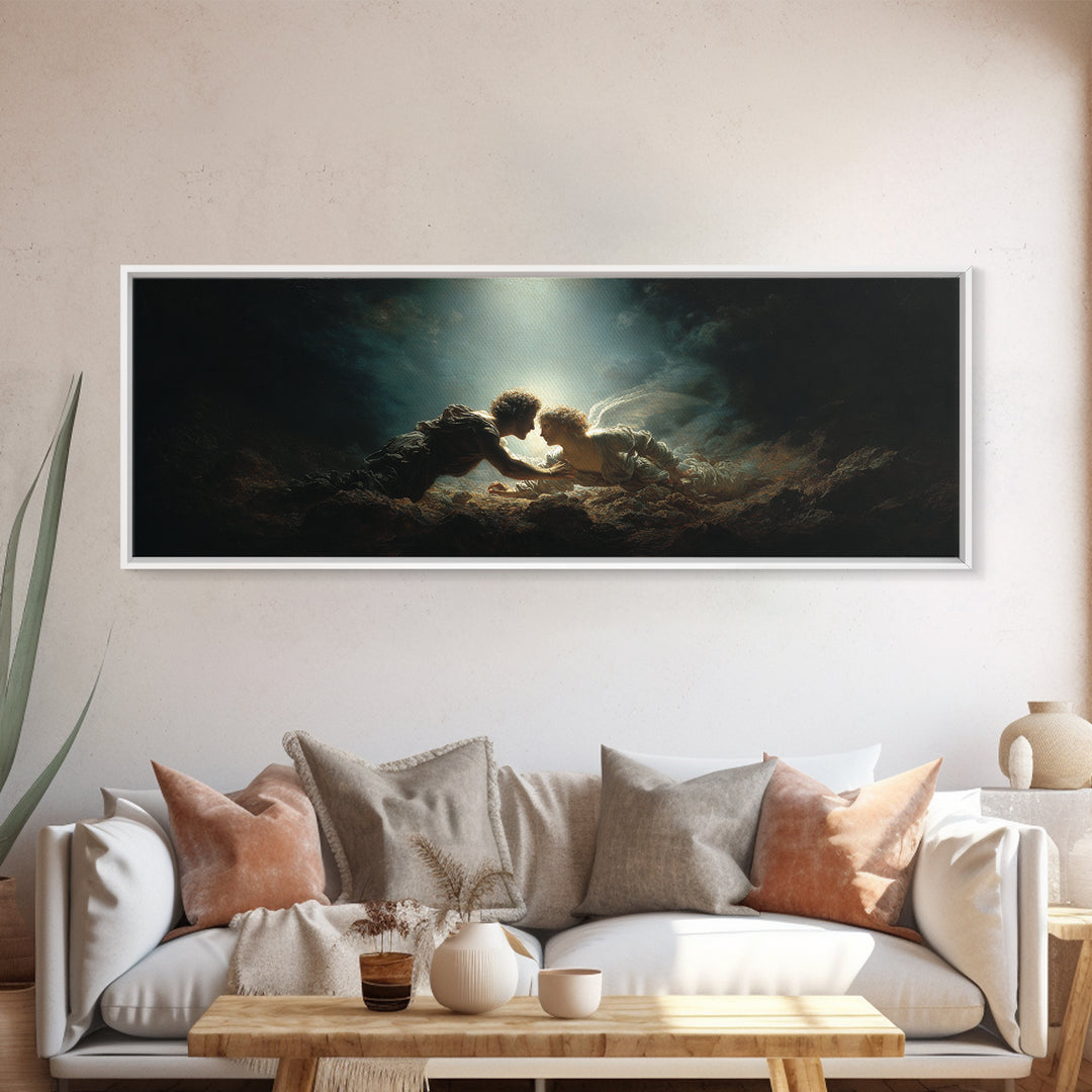 Romantic Mythical Lovers Surrounded By Dramatic Light Fine Art Painting Framed Canvas Print For Wall Decor