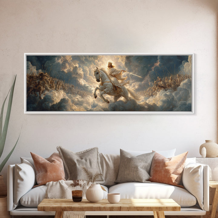 Epic Legendary Knight On White Horse Charging Battle Scene Framed Canvas Print Medieval Wall Art Dramatic Art