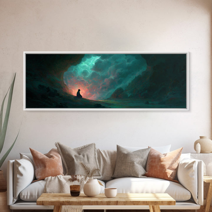 Meditating Figure In Mystical Cave With Glowing Light And Nature Elements Wall Art