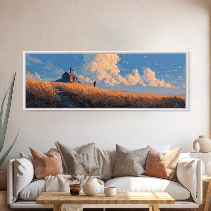 Peaceful Countryside Scene With Golden Wheat Field And Small Church Under Dramatic Sky Framed Canvas Print For Nature Wall Art