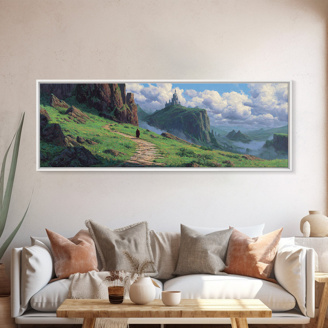 Enchanting Fantasy Landscape With Lone Traveler Walking Toward Mystic Castle on Cliff Surrounded by Lush Greenery Wall Art Canvas Print