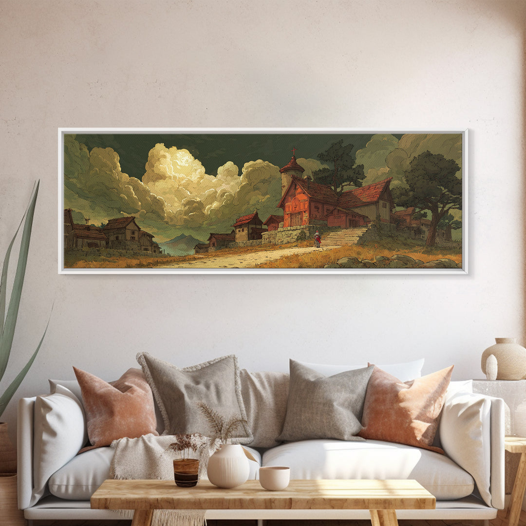 Fantasy Village Landscape Artwork With Knight And Dramatic Sky In Warm Tones Canvas Print