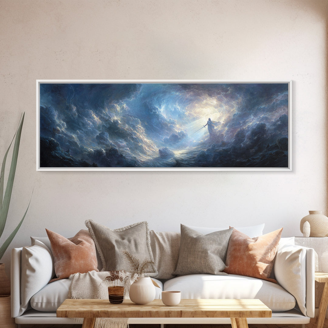 Dramatic Angelic Warrior In Radiant Clouds With Sword Wall Art Framed Canvas Print For Home Decor And Spiritual Gift
