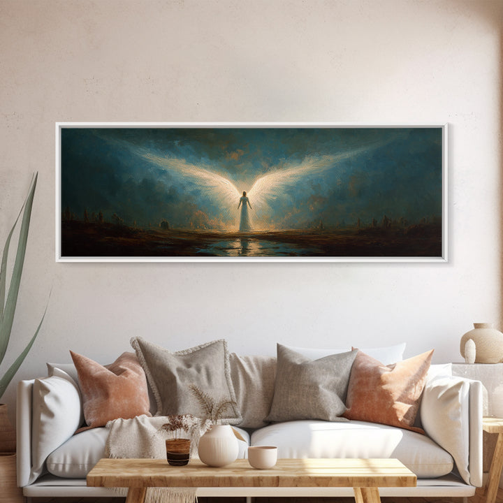 Ethereal Canvas Print Of Angelic Figure Radiating Light Among Heavenly Battle Scene Spiritual Wall Art For Inspirational And Contemporary Home Decoration