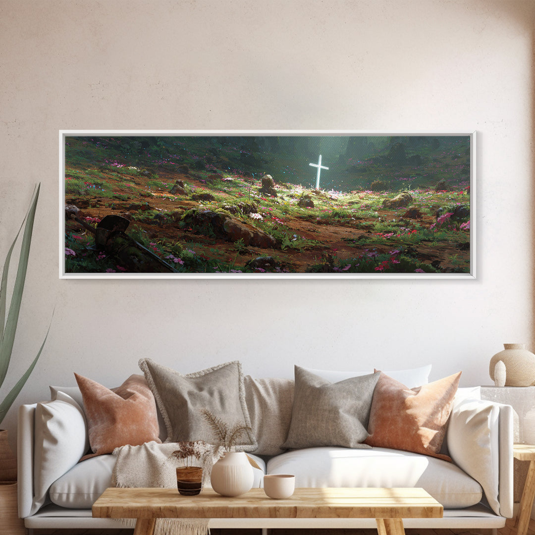 Fantasy Garden Illuminated Cross With Sword On Ground Painting - Canvas Print, Spiritual Wall Art, Religious Home Decor, Gift For Her