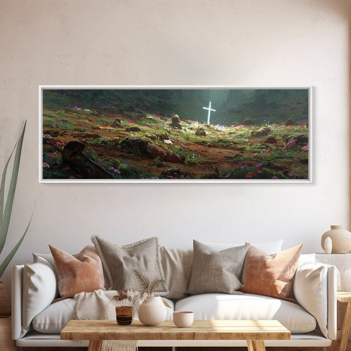 Fantasy Garden Illuminated Cross With Sword On Ground Painting - Canvas Print, Spiritual Wall Art, Religious Home Decor, Gift For Her