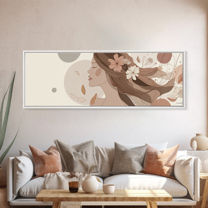 Feminine Floral Woman Profile Wall Art, Neutral Line Art Canvas Print, Boho Bedroom Decor, Romantic Gift For Her, Wall Decor