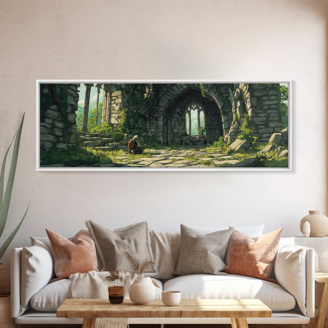 Serene Ruins With Adventurer In Medieval Stone Archway Wall Art Perfect For Home Decor Lovers And Fantasy Enthusiasts Framed Canvas Print