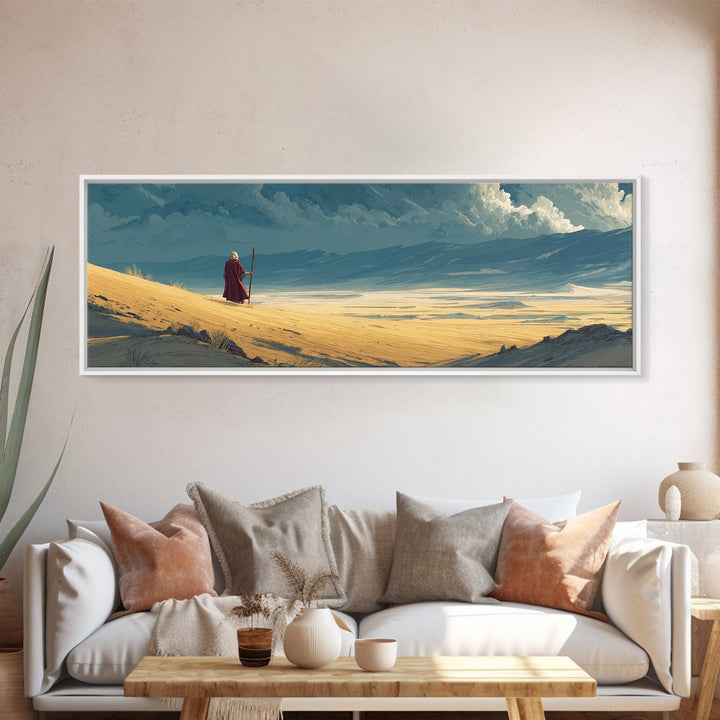Solitary Traveler On Vast Desert Landscape With Dramatic Clouds Wall Art Canvas Print For Home Decor