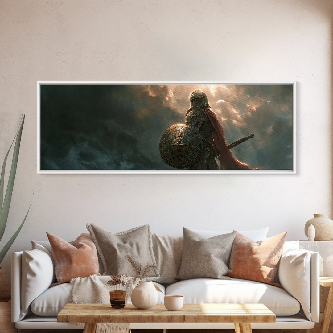 Knight In Armor Standing Against Dramatic Sky Full Of Clouds And Sun Rays - Epic Warrior Wall Art Framed Canvas Print For Home
