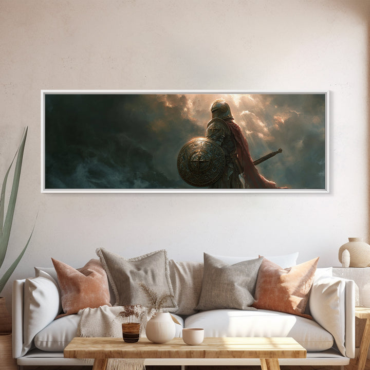 Knight In Armor Standing Against Dramatic Sky Full Of Clouds And Sun Rays - Epic Warrior Wall Art Framed Canvas Print For Home