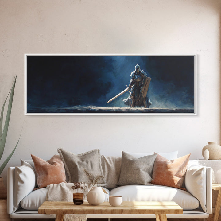 Knight In Armor Fantasy Wall Art Canvas Print Dramatic Original Painting Of Medieval Warrior With Sword Shield