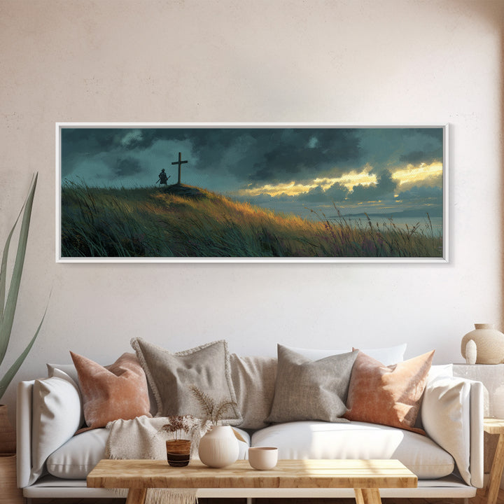 Peaceful Landscape Painting Of Knight And Cross At Sunset Over Rolling Hills Moody Wall Art Print