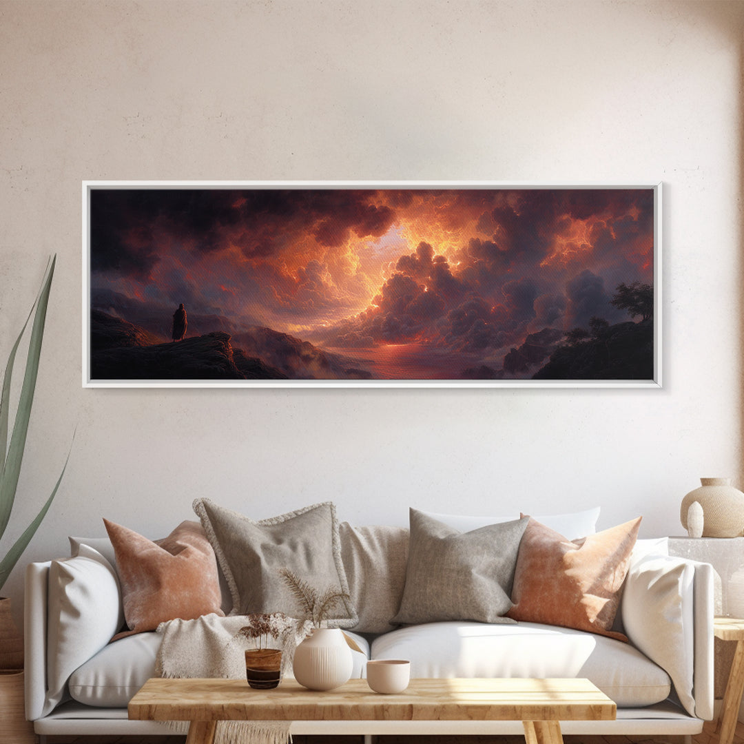 Epic Figure Facing Fiery Sunstorm Fantasy Landscape Wall Art Framed Canvas Print For Dramatic Home Decor And Contemporary Art Lovers