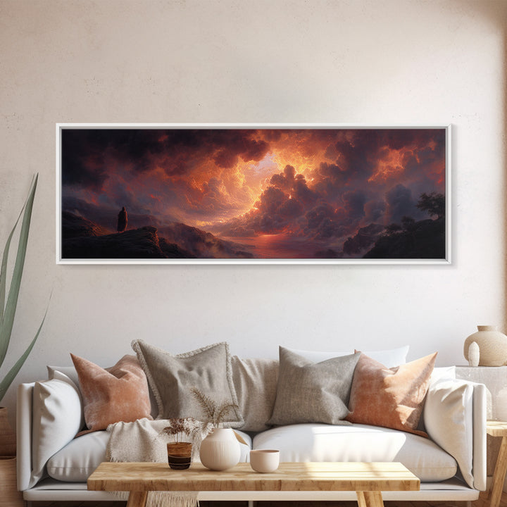 Epic Figure Facing Fiery Sunstorm Fantasy Landscape Wall Art Framed Canvas Print For Dramatic Home Decor And Contemporary Art Lovers