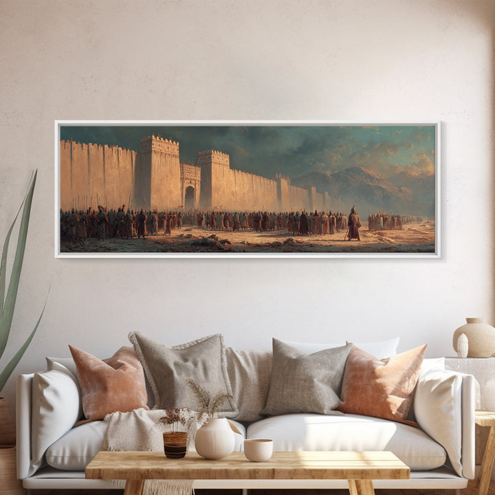 Historical Ancient Fortress Castle With Army Gathering In Front Under Moody Sky Canvas Print